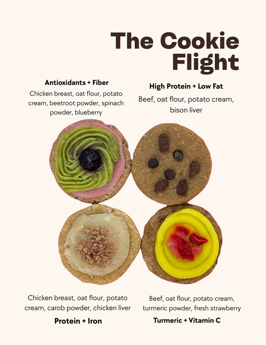 Four different types of cookies with text describing their ingredients and health benefits on a white background.